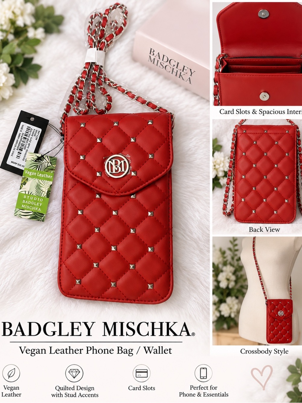 Badgley Mischka Red Quilted Vegan Leather Crossbody Phone Wallet